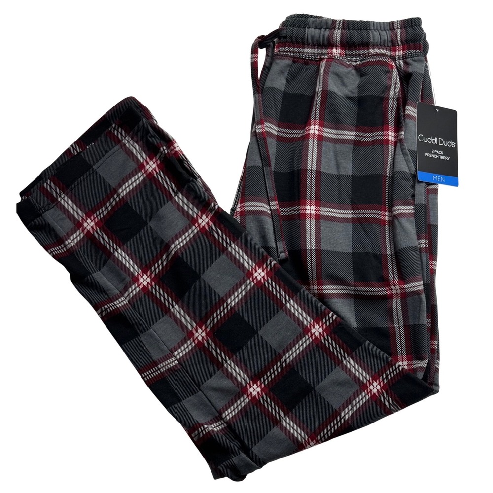 Cuddl Duds Mens Pajama Pants Medium Red‎ Grey Black Plaid French Terry "Read"